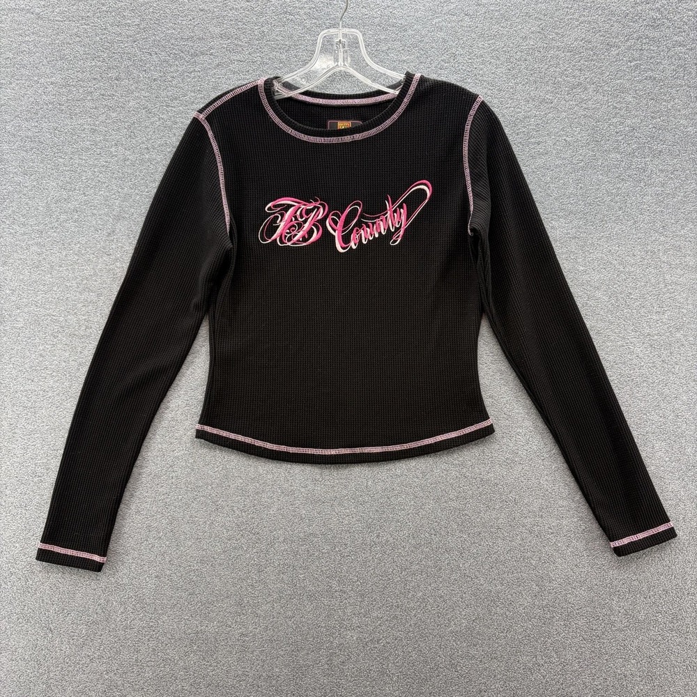 VTG Y2K FB County Shirt Large Black Waffle Knit Thermal Embroidered Graphic Top